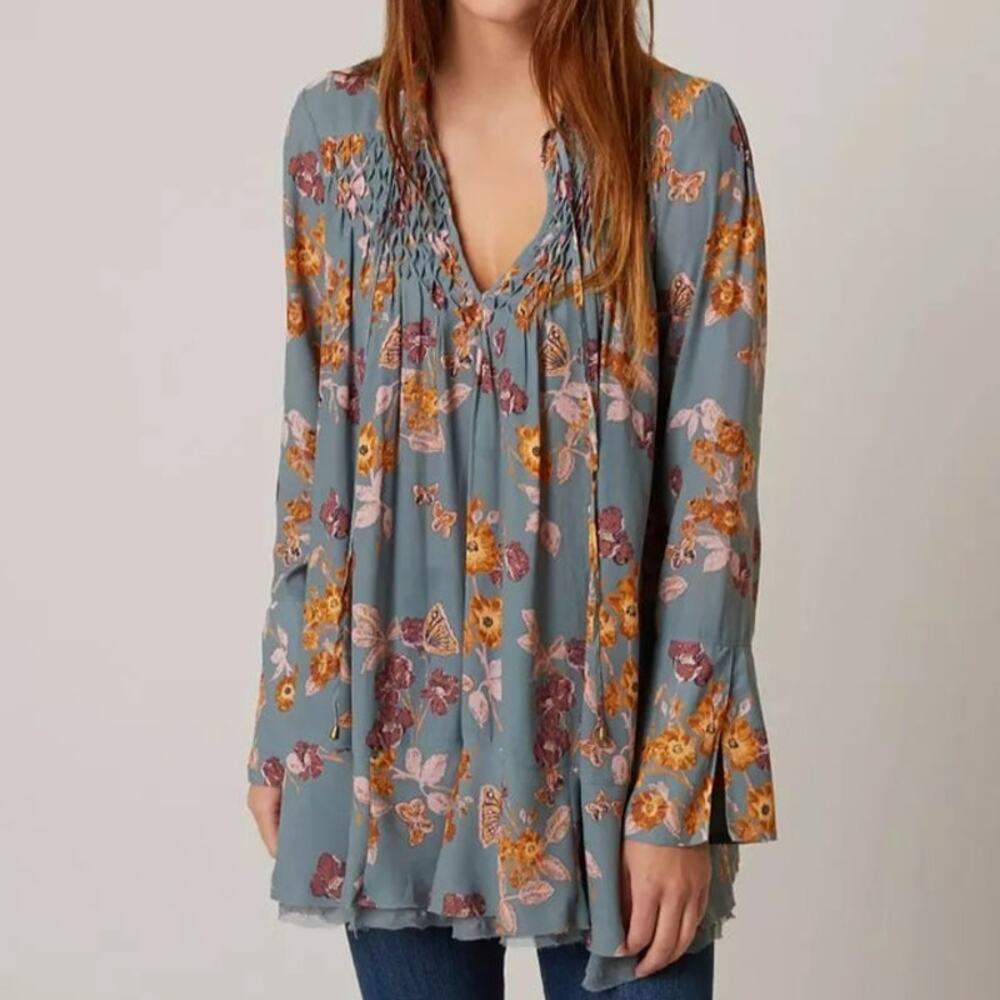 Free People Light Blue So Fine Butterfly Tunic Top Blouse Size Small